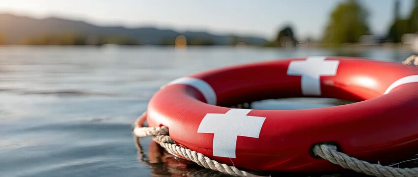 Lifesaver floating in clear water during afternoon in a lake with mountains in the background