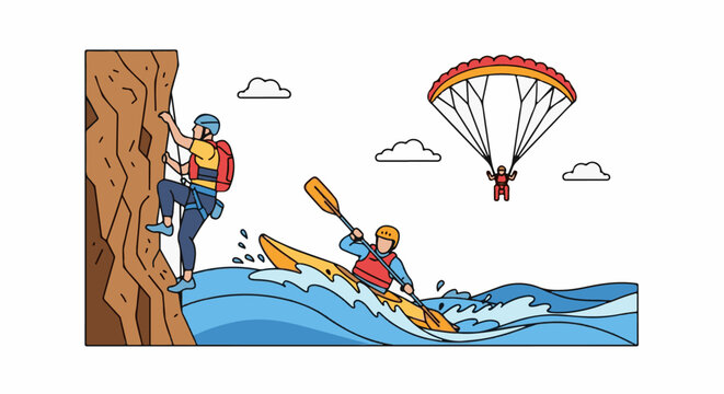 Extreme sports enthusiasts enjoy rock climbing, kayaking, and skydiving in an outdoor adventure scene