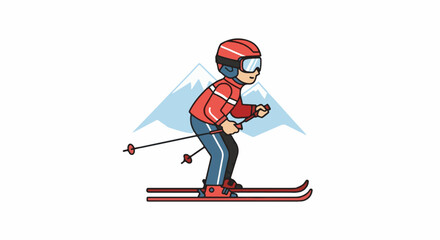 Fototapeta premium A cartoon skier in red gear descends a snowy slope with mountains in the background