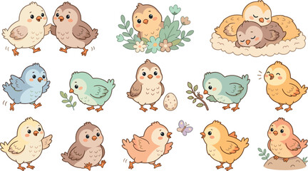 Cute Easter Chick Sticker Sheet Vector Collection with Adorable Baby Birds in Different Poses, Nests, and Flowers for Greeting Cards, Planners, and Scrapbooking © Monirul