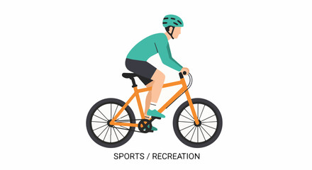 Fototapeta premium Man in teal shirt, black shorts, and blue shoes cycles an orange bicycle with helmet