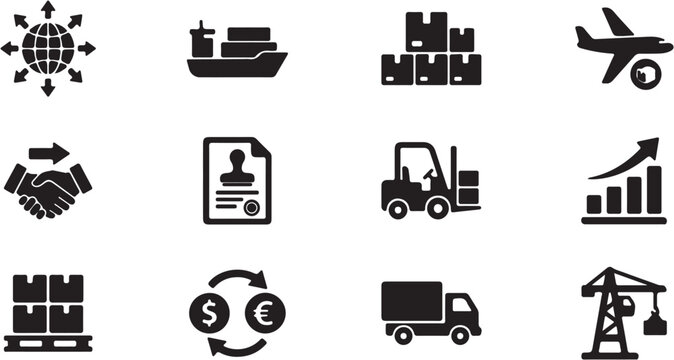 Collection of black and white transportation and vehicle icons.