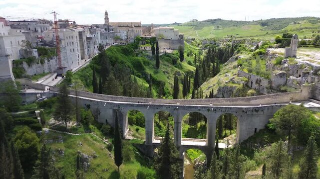 Aerial View of Ponte Acquedotto Bridge and Gravina Canyon in Gravina in Puglia, Italy