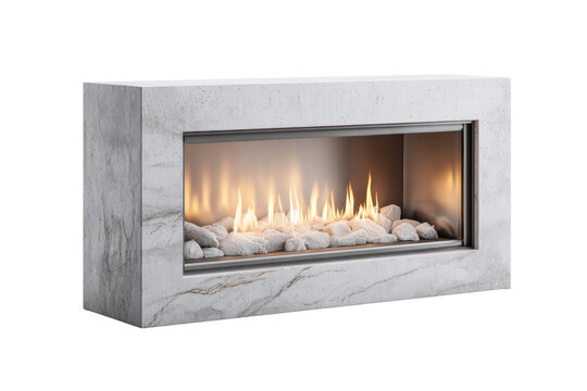 Modern rectangular marble fireplace insert with glass front and decorative stones and flames