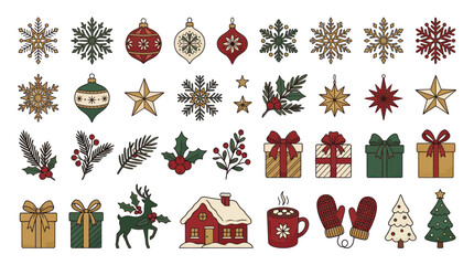 Christmas Ornaments, Gifts, Snowflakes, Reindeer, and Cozy House Icon Set © Tuku