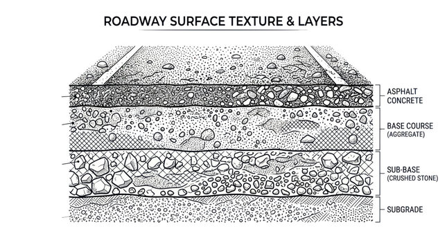 Roadway Surface Texture and Layers: Asphalt, Base Course, Sub-Base, Subgrade