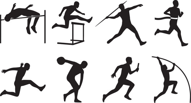 Vector silhouettes of track and field athletes competing in various running, jumping, and throwing sports events