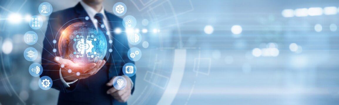 Data scientist hand-holds automated global MACHINE LEARNING algorithm network, processing complex datasets efficiently. Intelligent systems predict trends and optimize digital growth.
