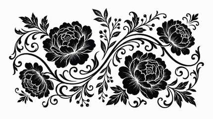 Elegant Black Floral Swirls and Peony Flowers Design. © azka