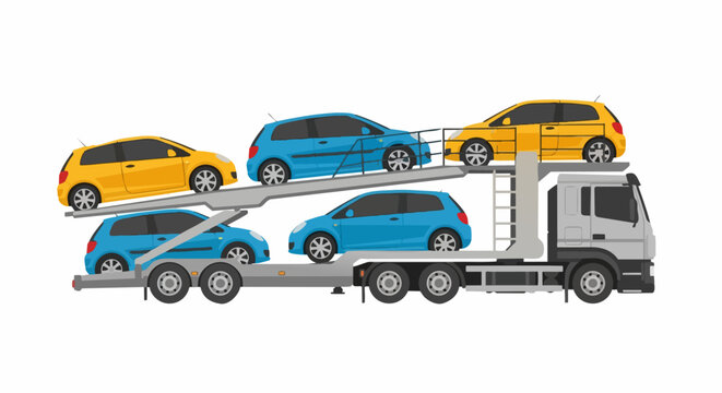 Car Carrier Truck Trailer Delivering New Hatchback Vehicles - Flat Vector Illustration of Automotive Logistics and Transportation