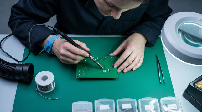Female assembler soldering circuit board at electronics workbench