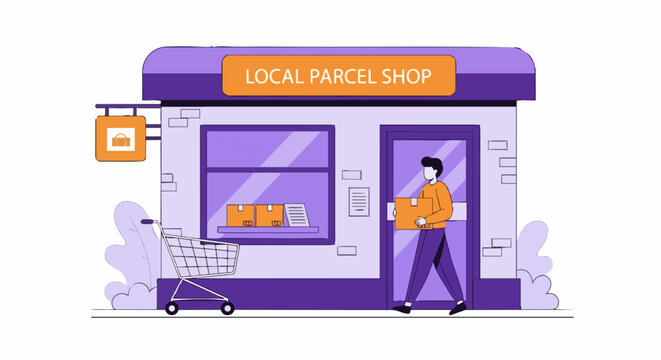 Local Parcel Shop Vector Illustration with Customer and Delivery Box