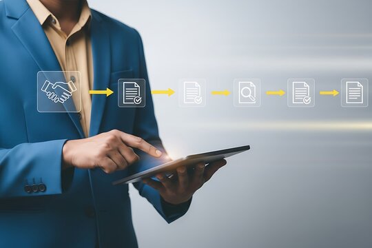 Procurement process management concept with digital and paper document approval, contract verification, supplier negotiation, and purchasing operations using laptop.