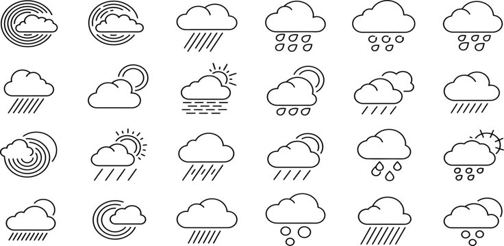 Extensive collection of outline weather icons, representing various atmospheric conditions like sun, clouds, rain, and snow, suitable for forecast displays and digital design projects
