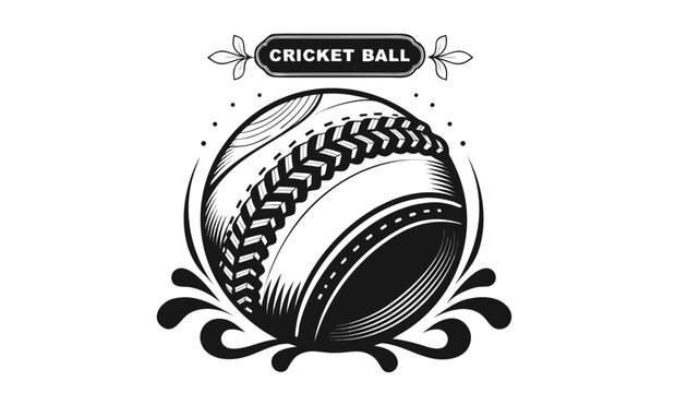 Very beautiful black-and-white engraved vector illustration featuring a classic CRICKET BALL with detailed seam texture and a decorative sports label reading "CRICKET BALL".