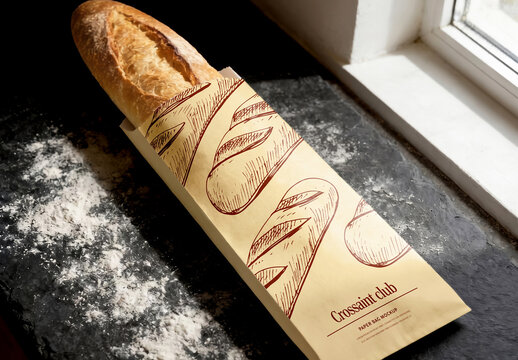 Baguette Bread Paper Sleeve Bag Mockup with Flour