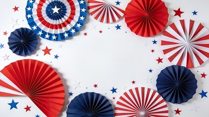 Obraz premium Decorative patriotic paper fans and scattered star cutouts arranged on a clean white background to celebrate independence day with bright red white and blue colors