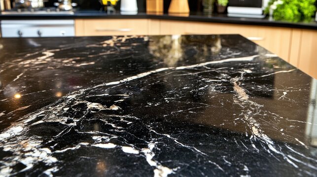Close-up of polished black granite countertop.