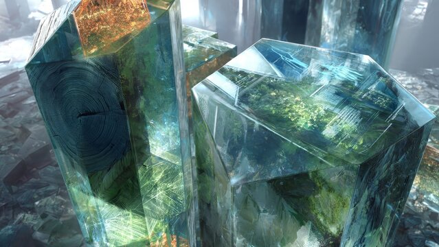 Abstract Geometric Crystals Forming Luminous Deep Green Mineral Patterns