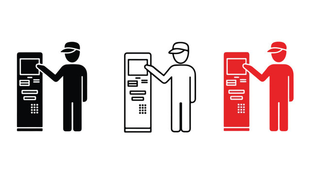 People interacting with automated teller machines in different colors