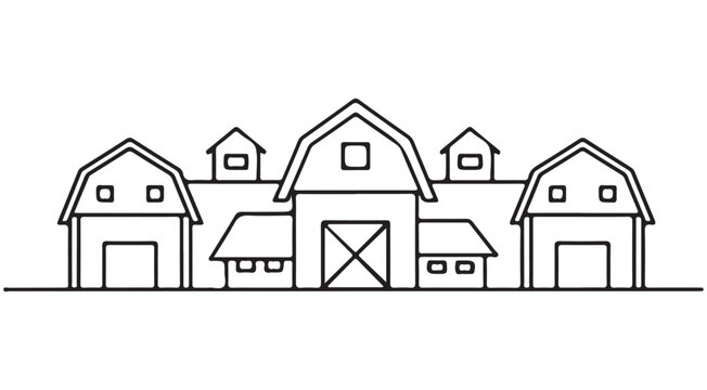 Farm building line art vector with barns and sheds for rural landscape design and agricultural branding