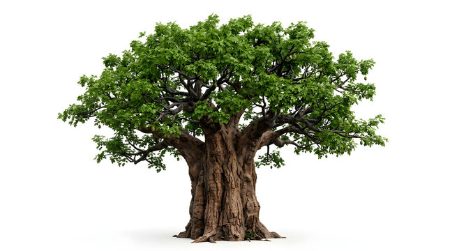 Majestic Ancient Baobab Tree with Dense Green Foliage Isolated on White Background