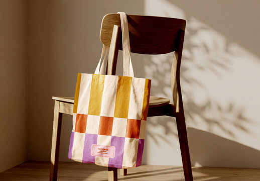 Canvas Tote Bag Mockup Hanging on Wooden Chair