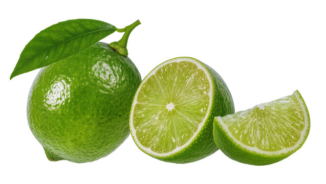 Isolated fresh green limes with leaf, a half, and a wedge cut for citrus fruit design