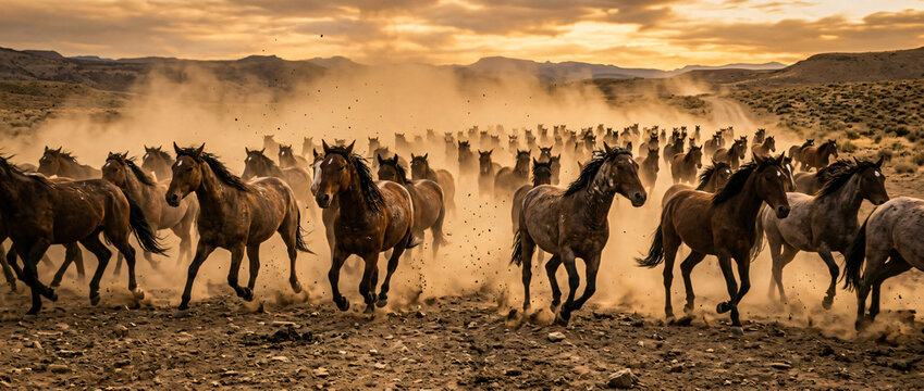Large Herd of Wild Horses Galloping Through Dusty Desert at Sunset