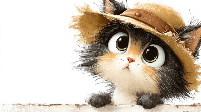 Heroic cartoon cat embarking on a solo expedition, hat slightly tilted, dramatic fur detail, clean white background for poster and banner applications