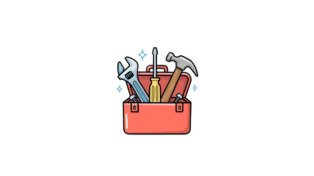 Red toolbox filled with various colorful hand tools and wrenches Vector