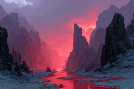 Dark Fantasy Canyon with Glowing Crimson River and Towering Cliffs
