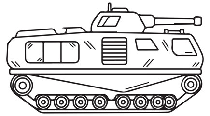 Military tank vector line art with turret and caterpillar tracks for coloring book and educational activities © Kue