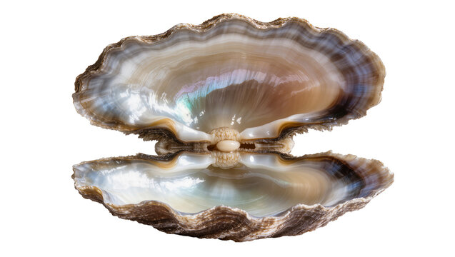 Isolated opened clam shell with natural nacre, shiny mother of pearl, and small pearl inside