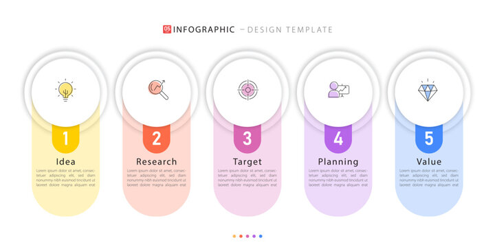 Modern Minimalist Business Idea, Target And Value Workflow. Infographic Template 5 Steps Options. Layered Circle Ribbon Layout For Corporate Presentation. Vector Illustration.
