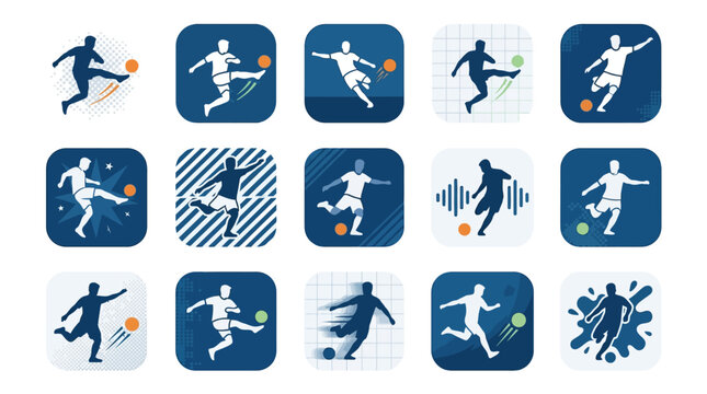 Various soccer players kicking balls in different poses and backgrounds