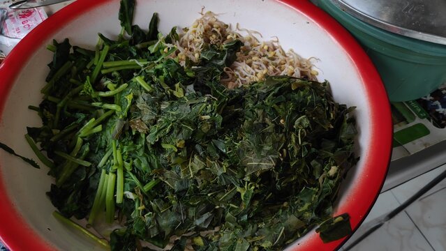 Freshly Boiled Green Vegetables and Bean Sprouts Ready for Traditional Indonesian Pecel Salad