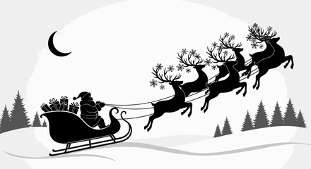 Santa Claus riding in sleigh pulled by reindeer on a snowy night. © wira