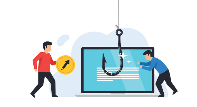 Two men around a laptop with a large fishing hook coming out of the screen, representing phishing scams, cyber security threats, and fraud.