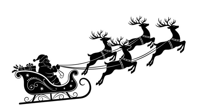 Silhouette of Santa Claus in his sleigh pulled by four flying reindeer, isolated white background.