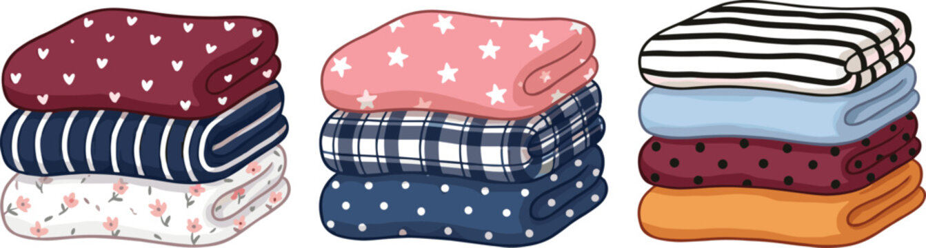 Cute Stacked Folded Blanket and Towel Set with Star, Floral, Stripe, and Plaid Patterns for Cozy Home Textile and Bedding Designs
