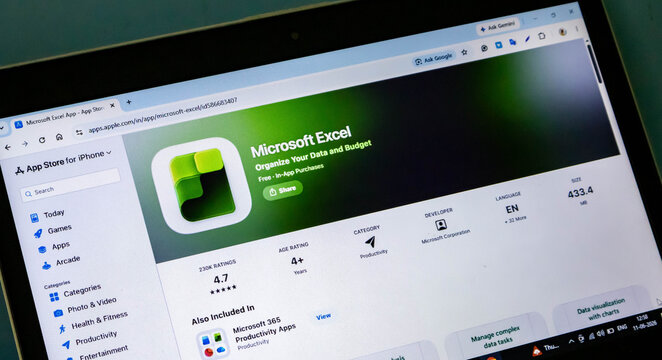 Microsoft excel app page displayed on a laptop screen, showing the apple app store interface with app details, ratings, and download information