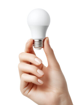 Hand holding LED light bulb isolated cutout for energy saving electricity and bright idea concept