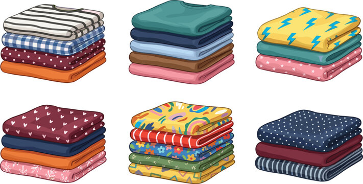 Colorful Stacked Folded Fabric and Blanket Set with Various Patterns including Stripes, Dots, Floral, and Geometric for Home Textile Designs