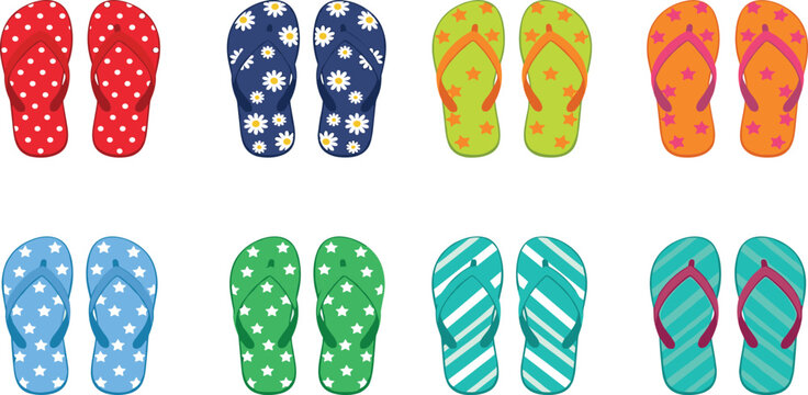 Colorful Patterned Flip Flop Sandal Icon Set with Polka Dot, Floral, Stripe, and Star Designs for Summer Beach and Vacation Concepts