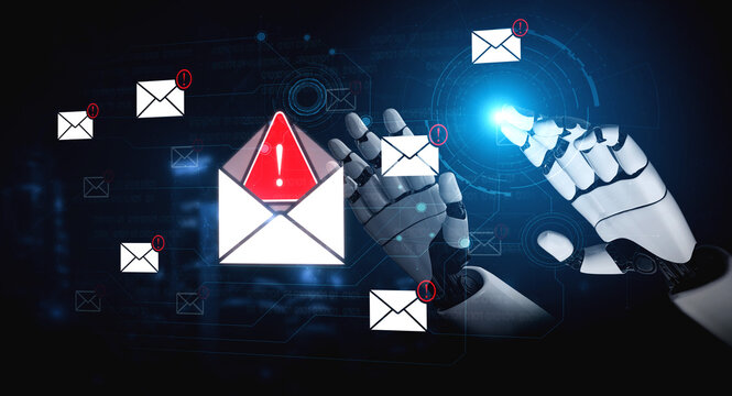An AI assistant detects a critical cybersecurity threat, identifying a phishing email in the inbox. This smart system issues a warning to prevent a malware attack and data breach. Fermion