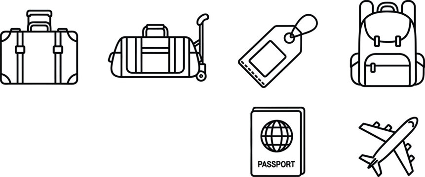 Backpack Suitcase Suitcase Tag and Airplane Travel Icons Set in Clean Black Line Art on White Background