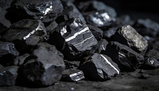 A close-up view of a pile of black coal rocks with white streaks. The texture is rough and uneven, showcasing the natural mineral formation.