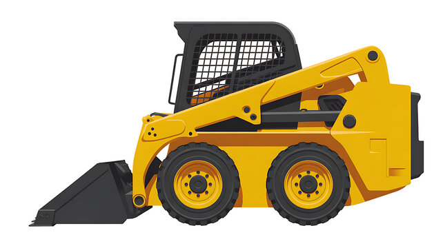Yellow skid steer loader PNG isolated on transparent background, compact construction equipment for earthmoving and landscaping projects. 