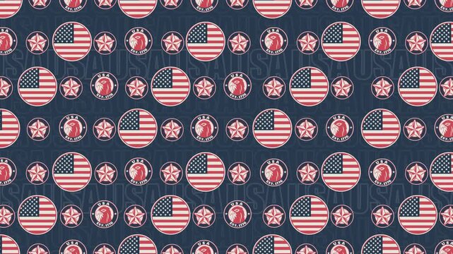 4K USA patriotic seamless looping background video featuring flag, star, and eagle badges on a navy blue USA text pattern, ideal for 4th of July digital displays and event backdrops.